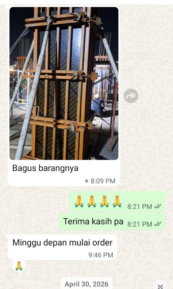 Testimoni WhatsApp: pelanggan mengirim foto bekisting kolom dan menulis “Bagus barangnya”, lalu menyampaikan akan mulai order minggu berikutnya
