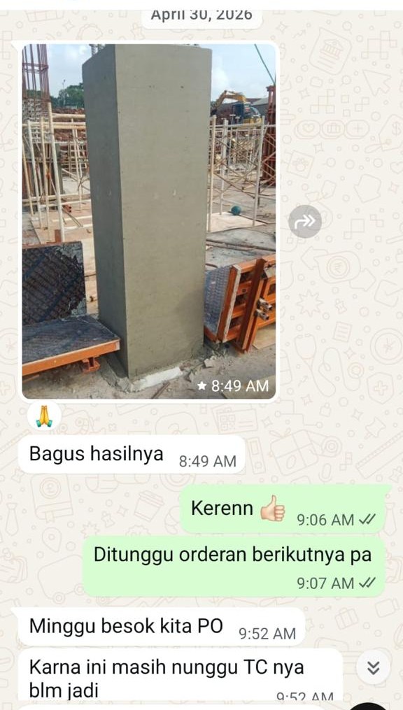 Testimoni WhatsApp: pelanggan menulis “Bagus hasilnya” setelah bekisting dibuka, dan menyiapkan pesanan berikutnya